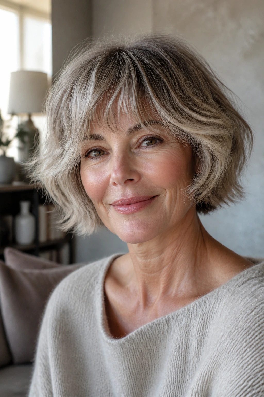 Real woman with soft mushroom bob and airy fringe in bright window light