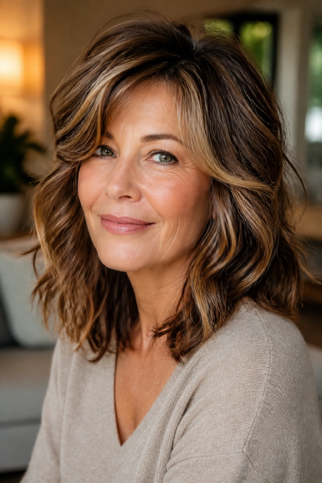 Close-up portrait of a real woman with soft, lifted, and edge-focused wavy layers in warm window light