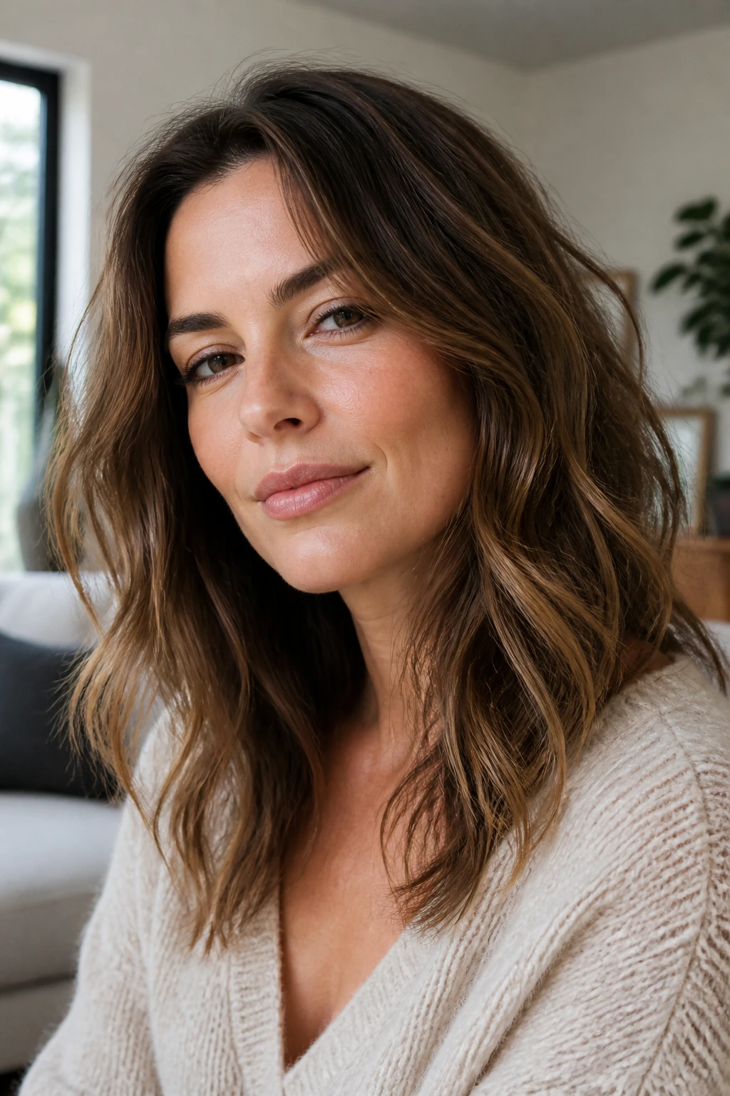 Close-up of a real person with soft layered sides to soften square jaw