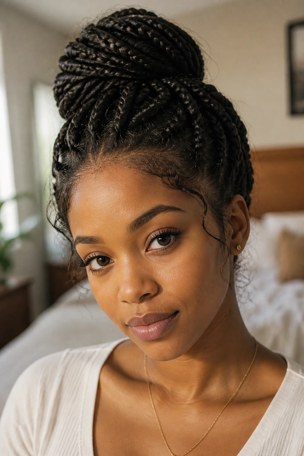 Close-up of braided updo highlighting softness at the temples on a heart-shaped face