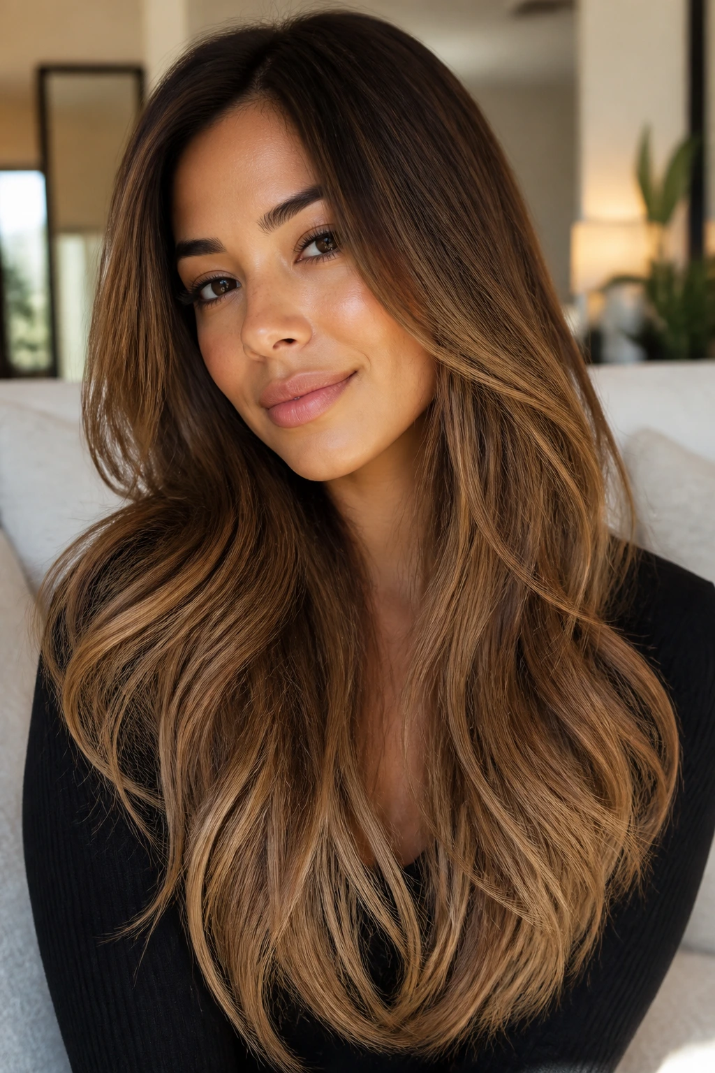 Close-up portrait of a real woman with toasted almond sombré on long layers for tan skin