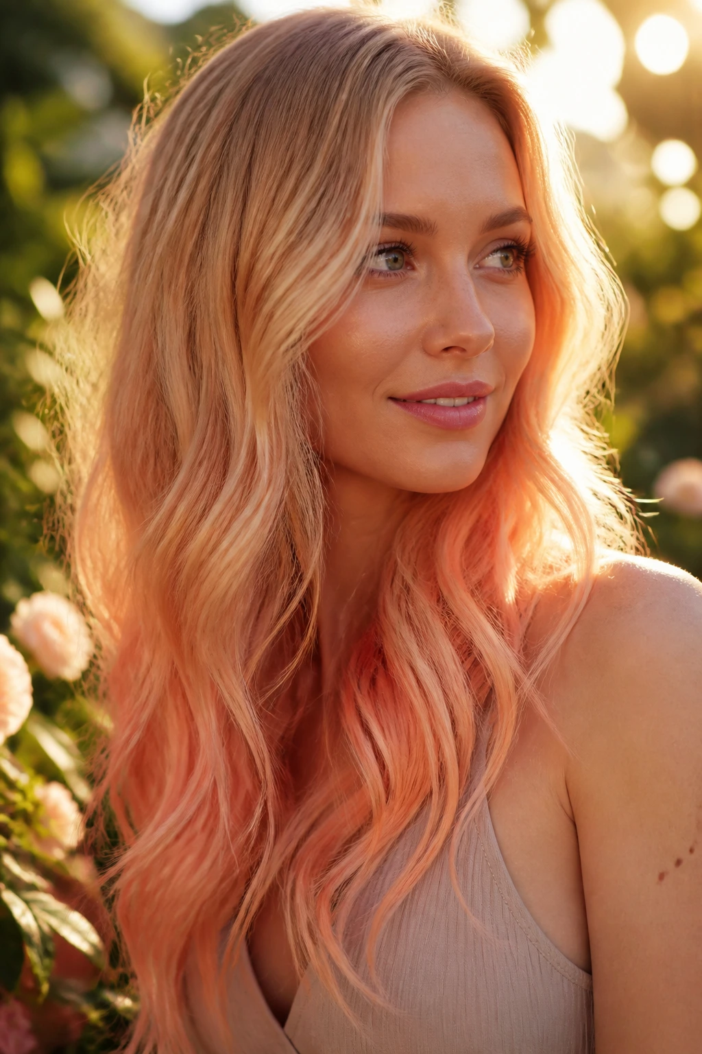 Close-up of a real woman with Melted Sorbet Ends gradient from peach to gold.