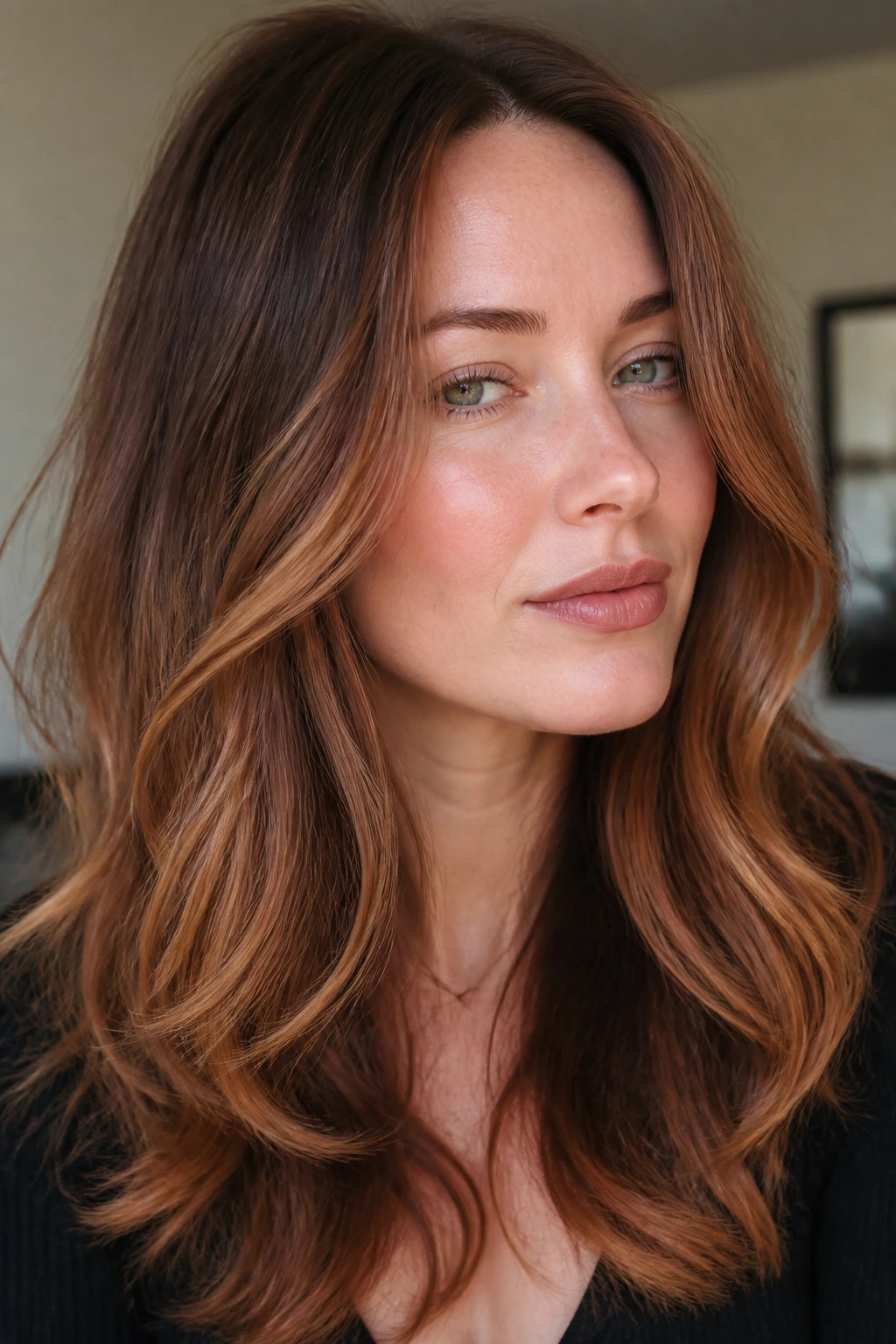 Hair with contour balayage around cheeks and jaw on a pale-skinned real person.
