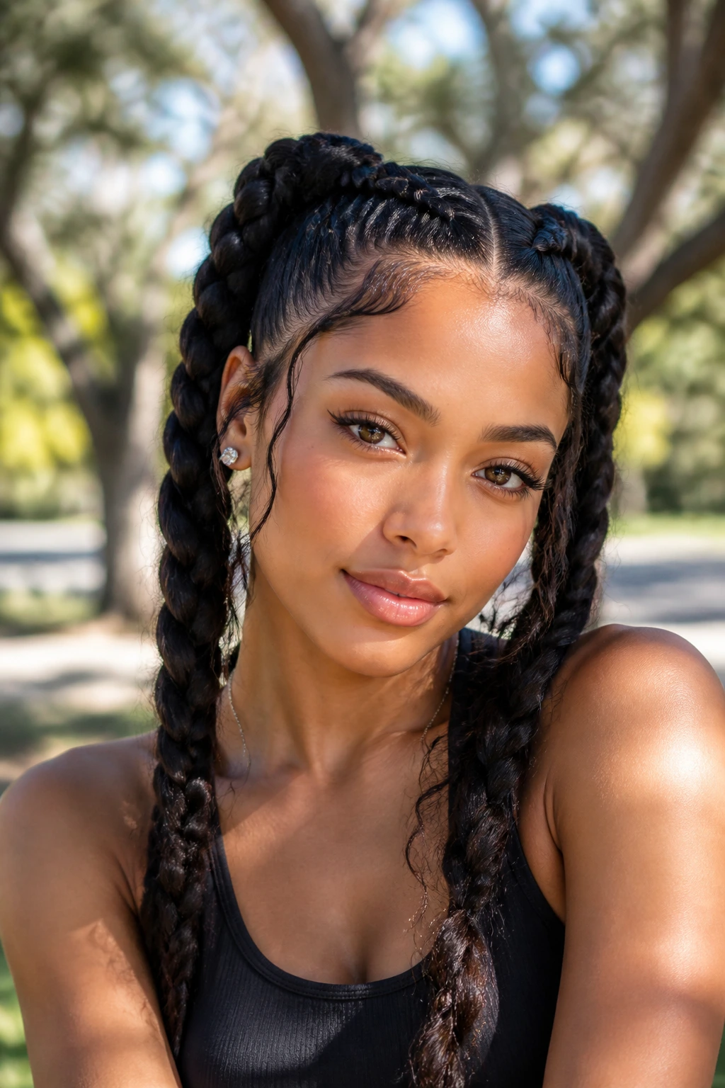 Close-up of two high space braids on a real woman