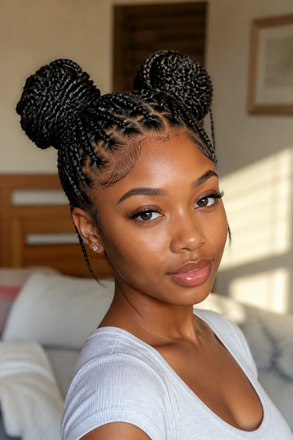 Close-up portrait of a real person with two high space buns knotless braids in warm window light