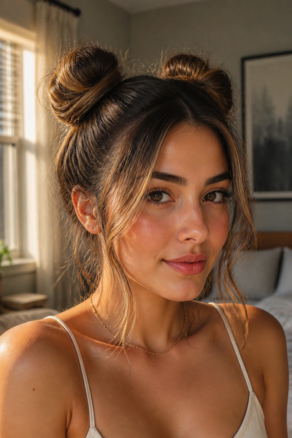 Close-up portrait of a real person with two small space buns and soft front pieces in sunlit bedroom.