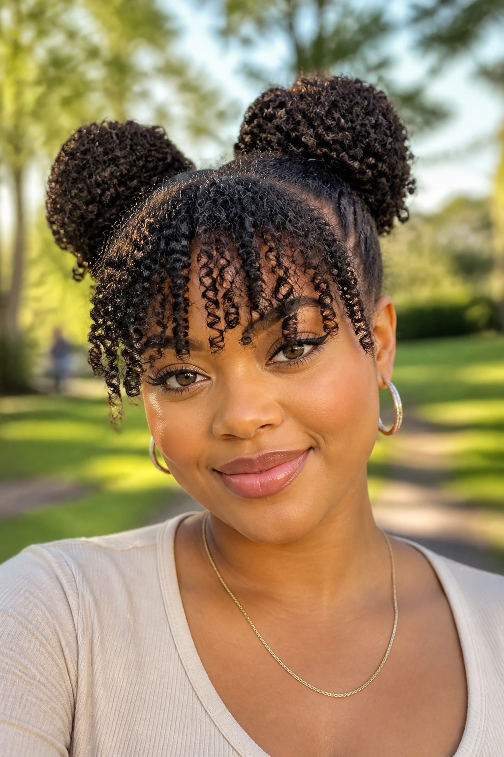 Portrait of a real woman with space buns and coily bangs outdoors.