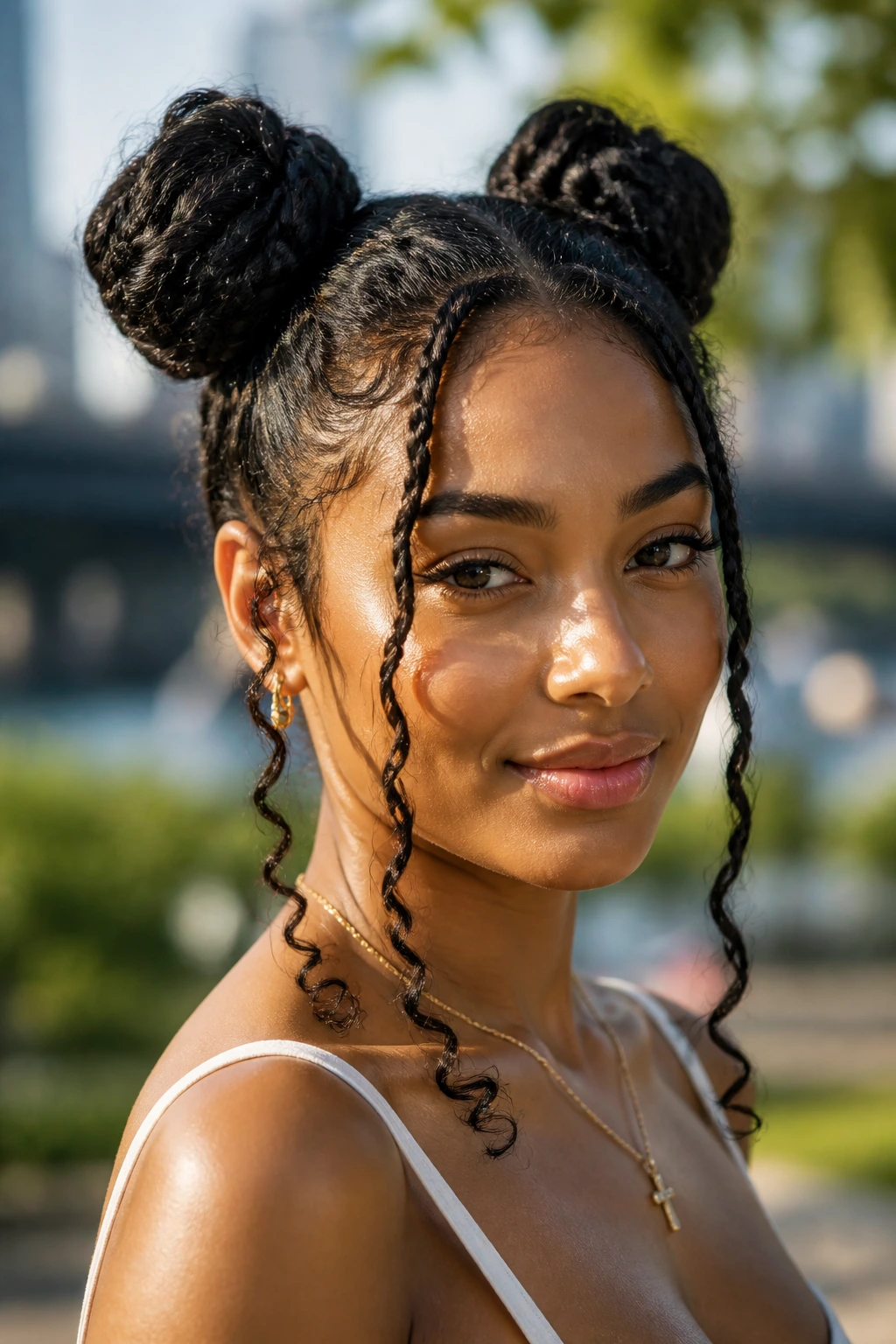 Close-up of a real woman with braided space buns and face-framing pieces