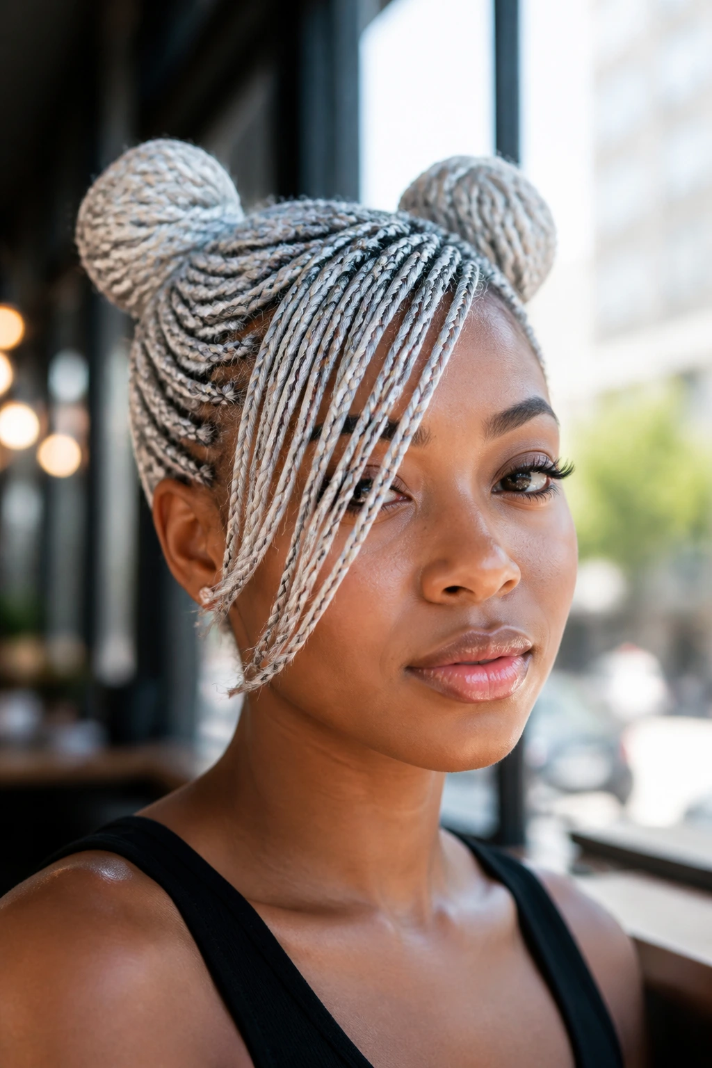 Close-up portrait of a real person with space buns and a draped bang