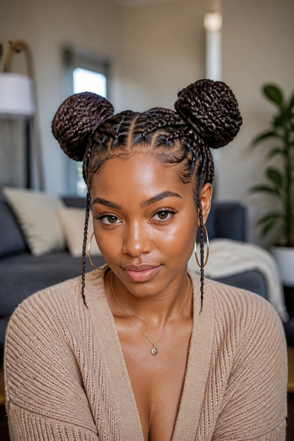 Close-up of a real person with braided space buns on thick hair.