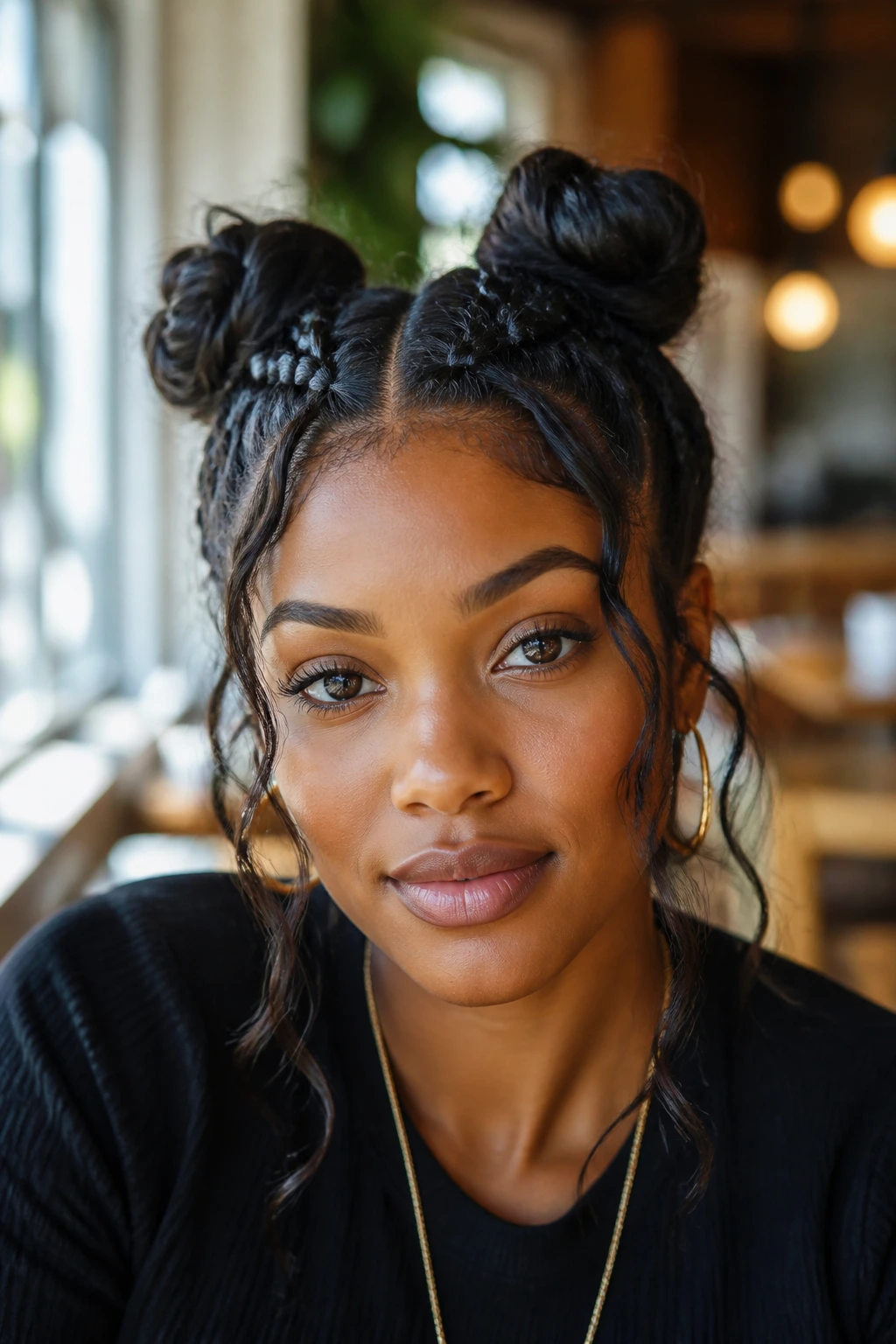 Real woman with space buns from Dutch braids and loose tendrils