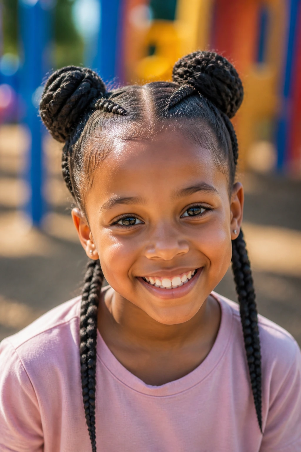 Close-up of a real child with space buns braided pigtails outdoors