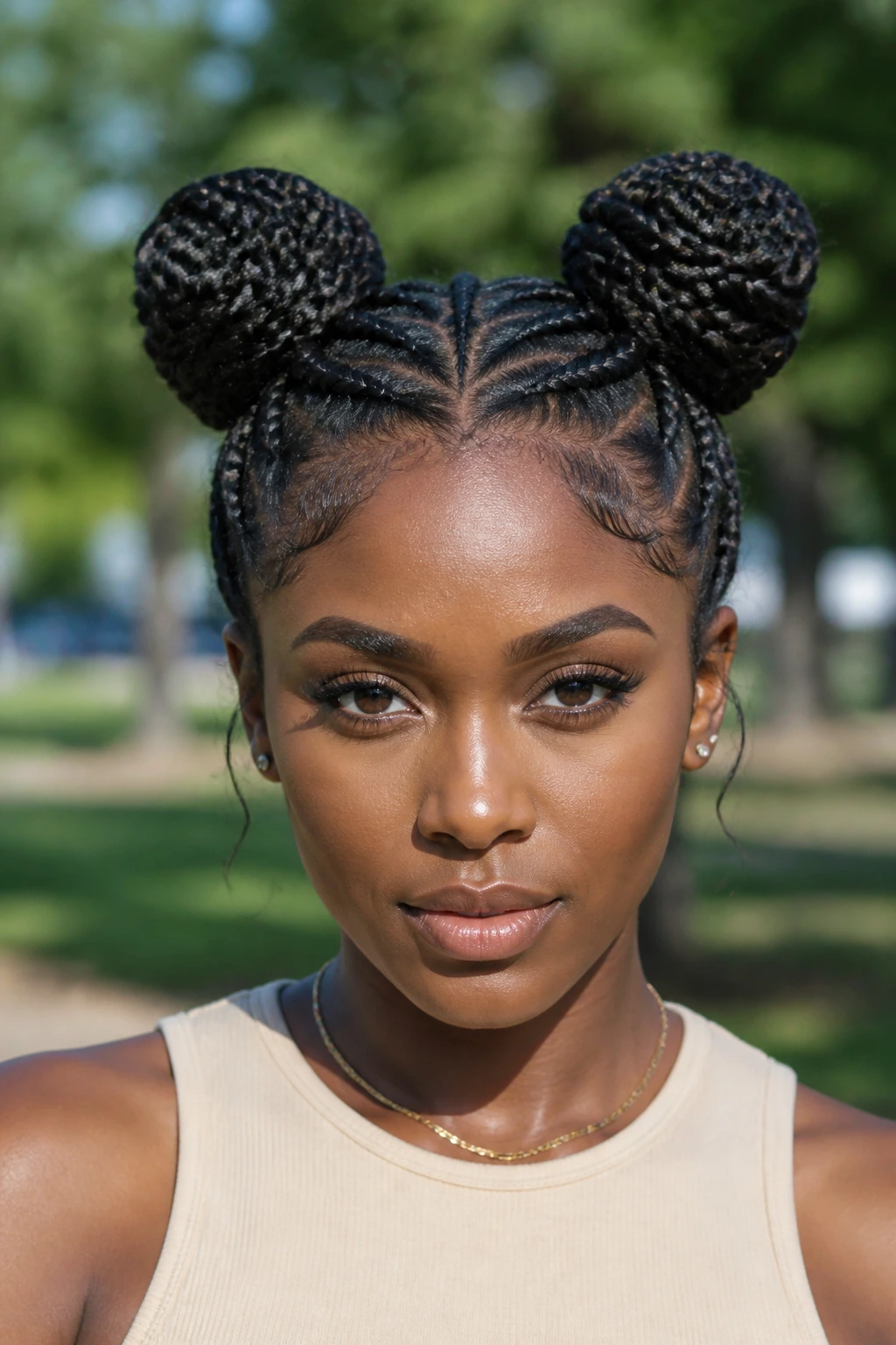 Real woman wearing two braided space buns on top of her head
