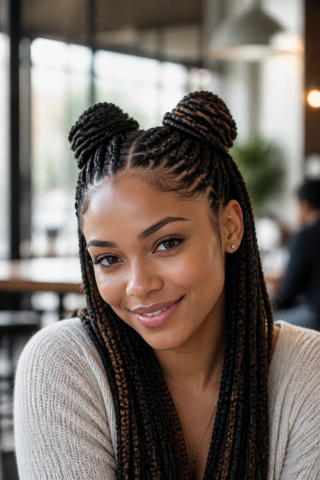 Close-up of a real woman with two space buns made from braids in a cafe setting.