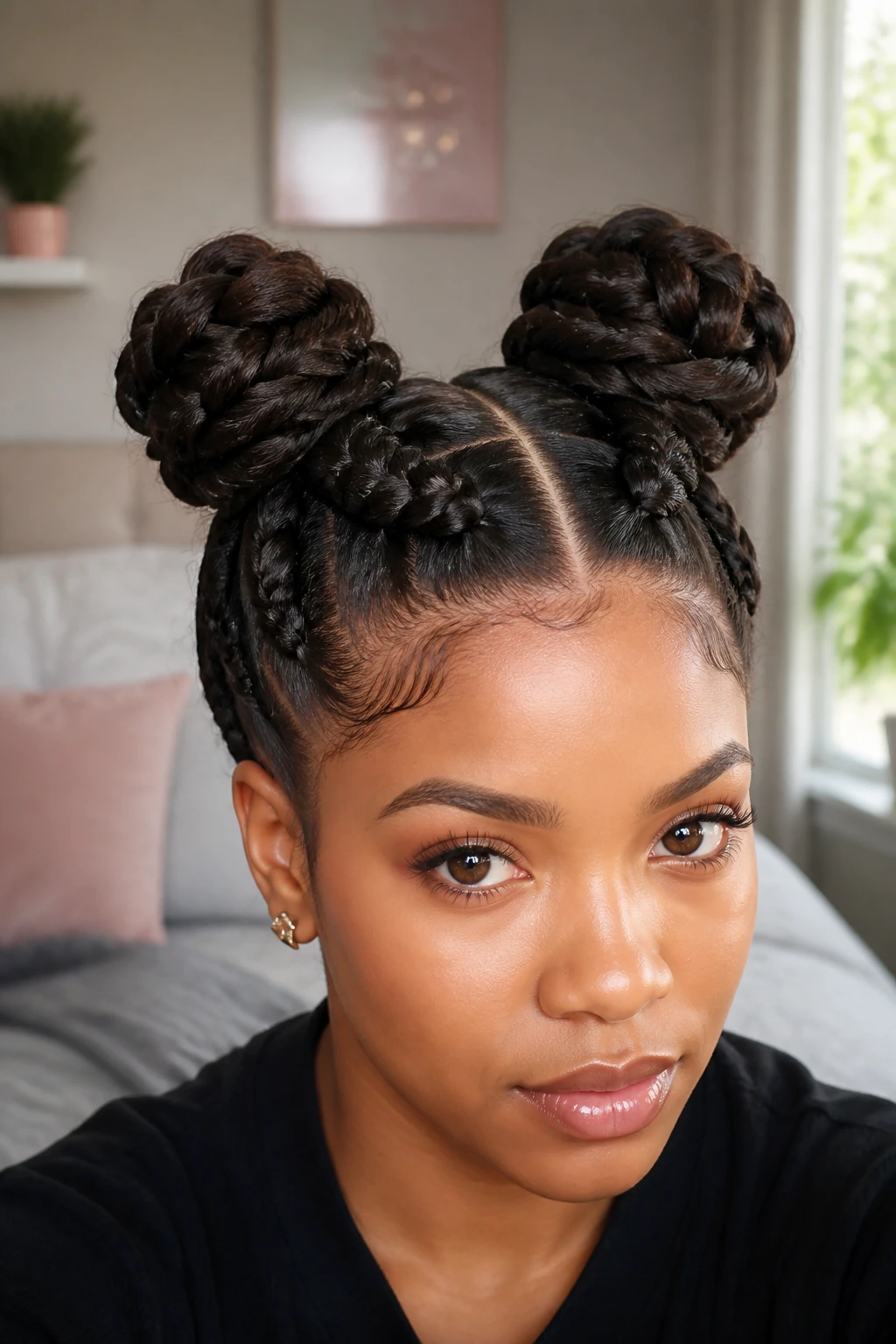 Close-up of double braids transformed into space buns on a real person