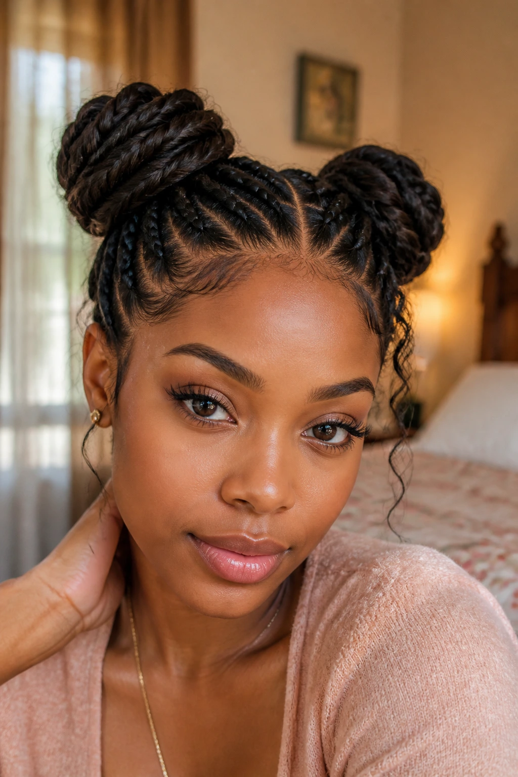 Close-up portrait of a woman with braided space buns in natural window light