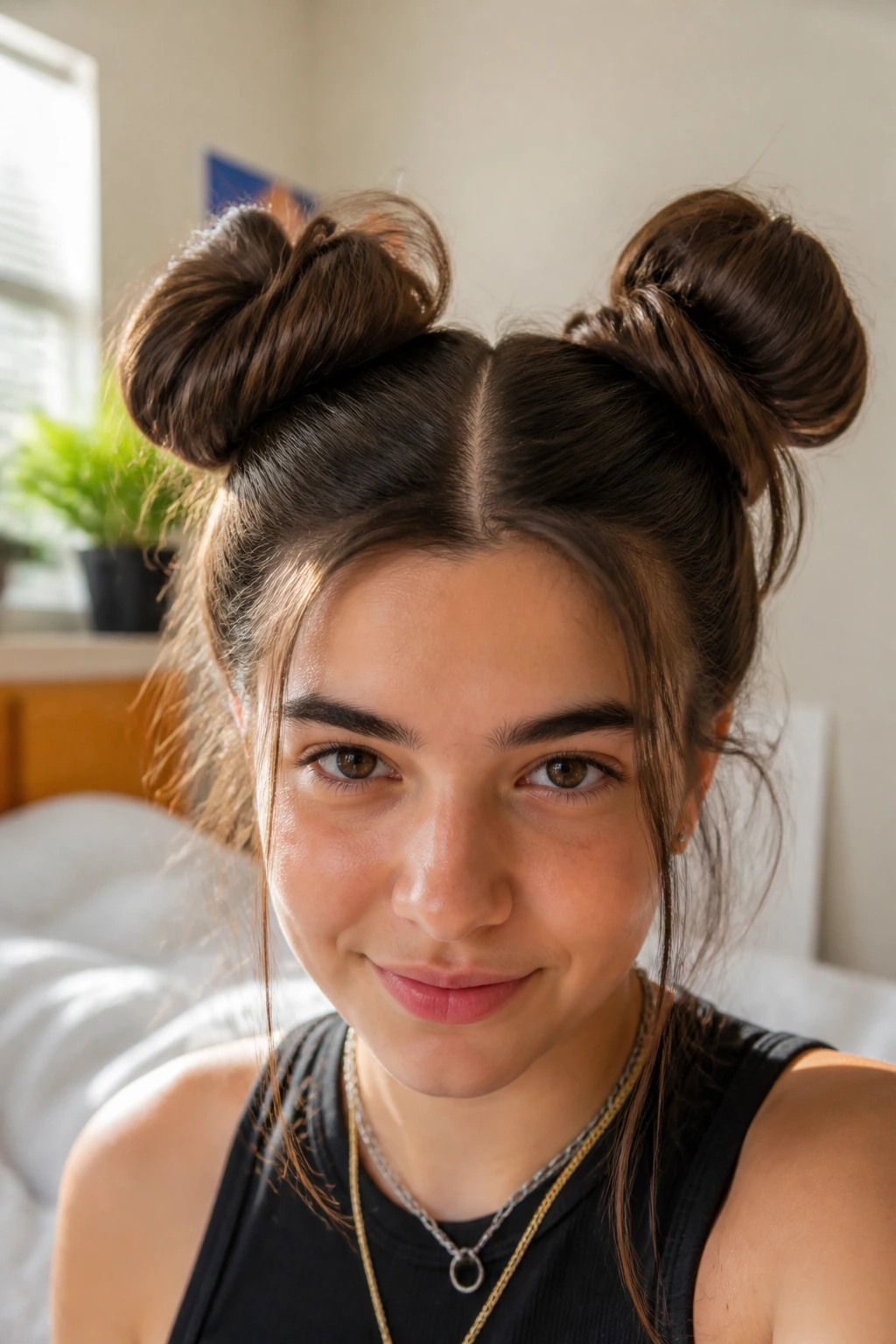 Close-up of a real person with space buns and center part