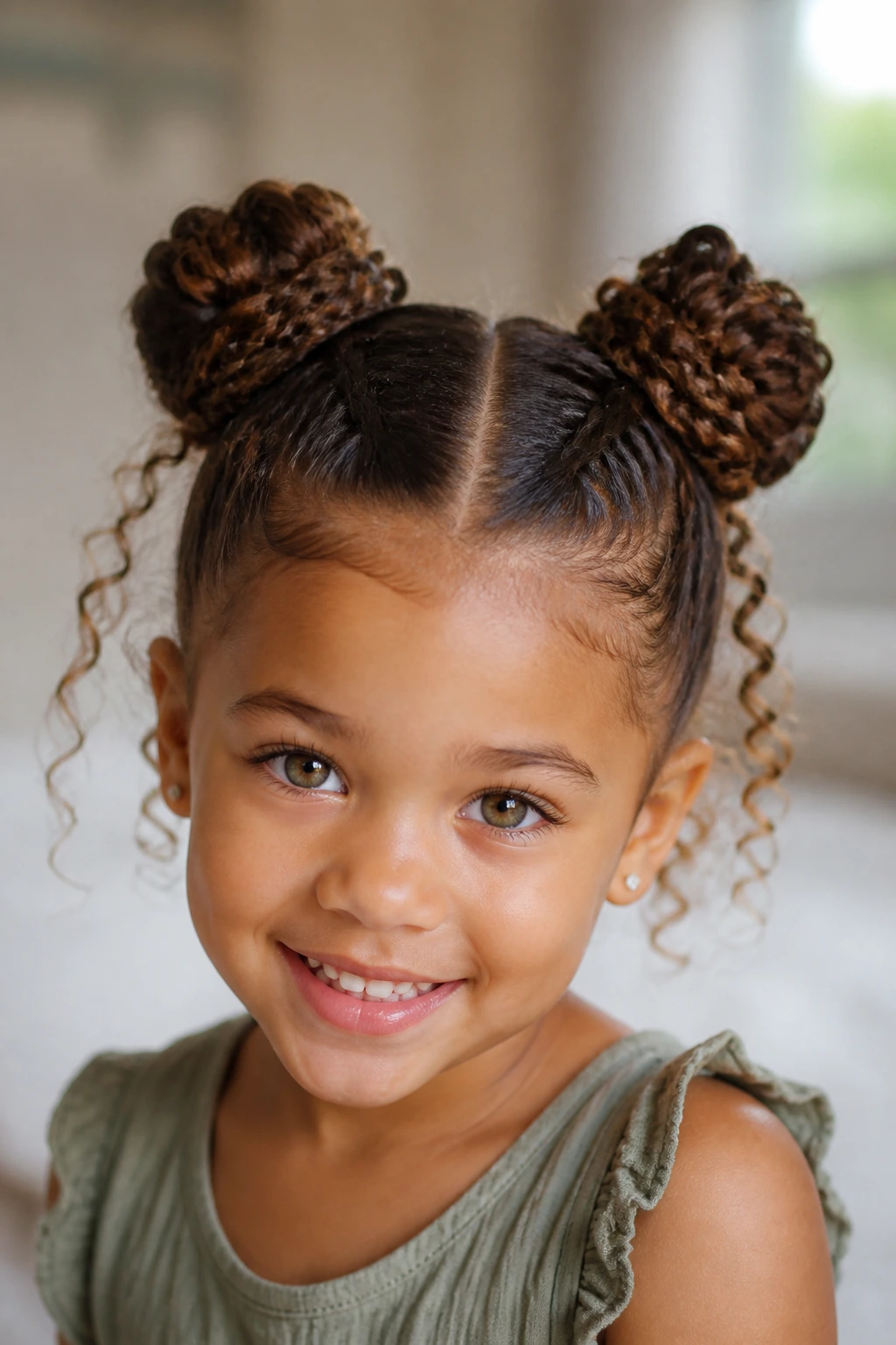 Close-up of a real child with braided space buns and a center part