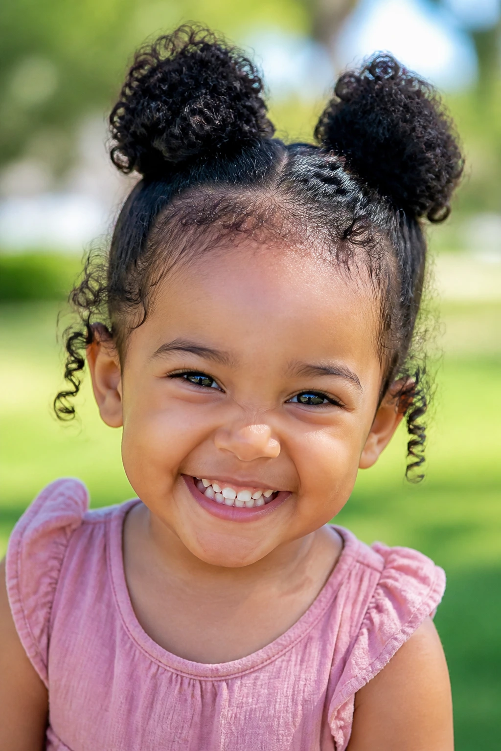 Real toddler with space buns on coily hair outdoors in daylight