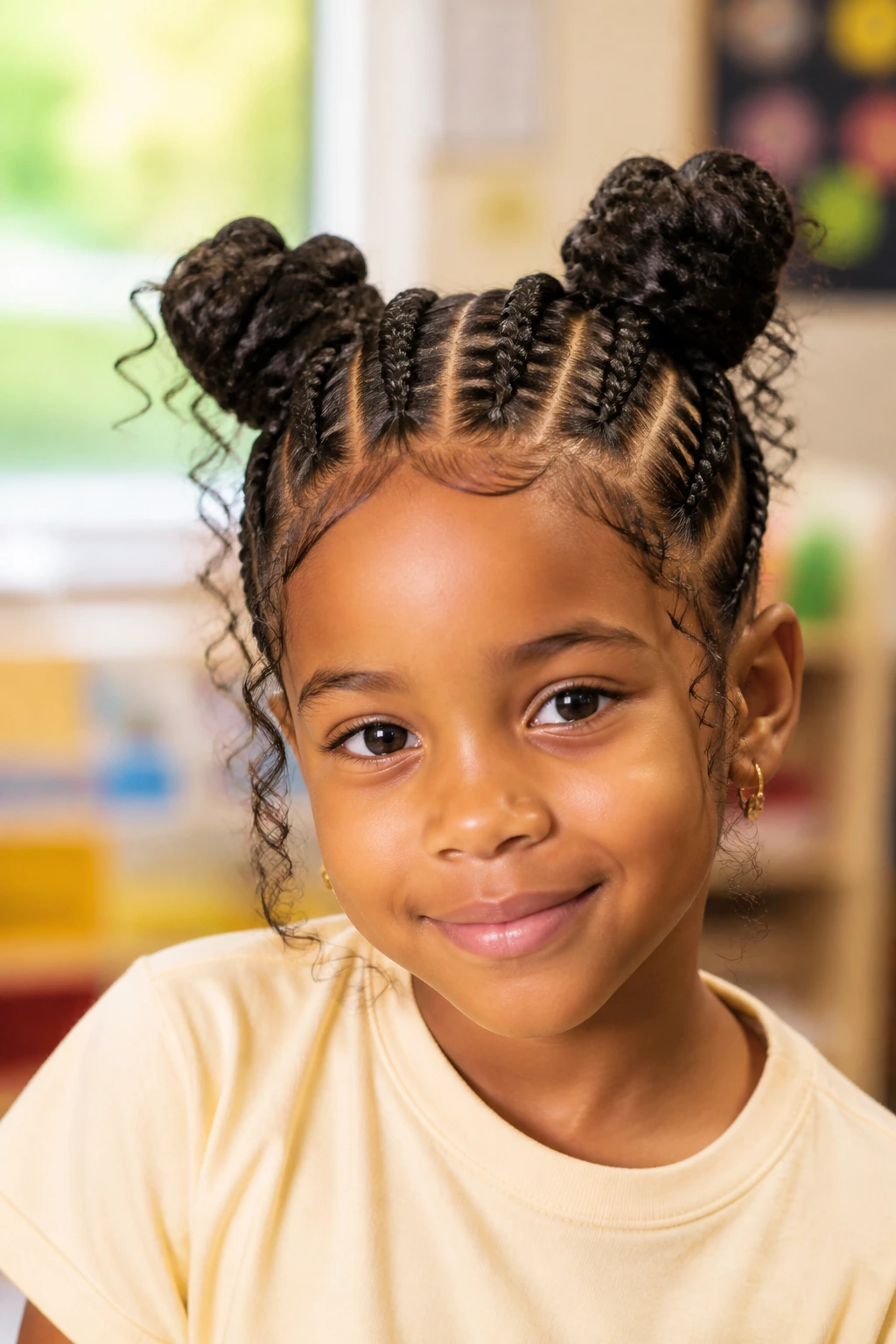 Close-up of a real child with space buns formed from chunky cornrows, head-and-shoulders portrait.