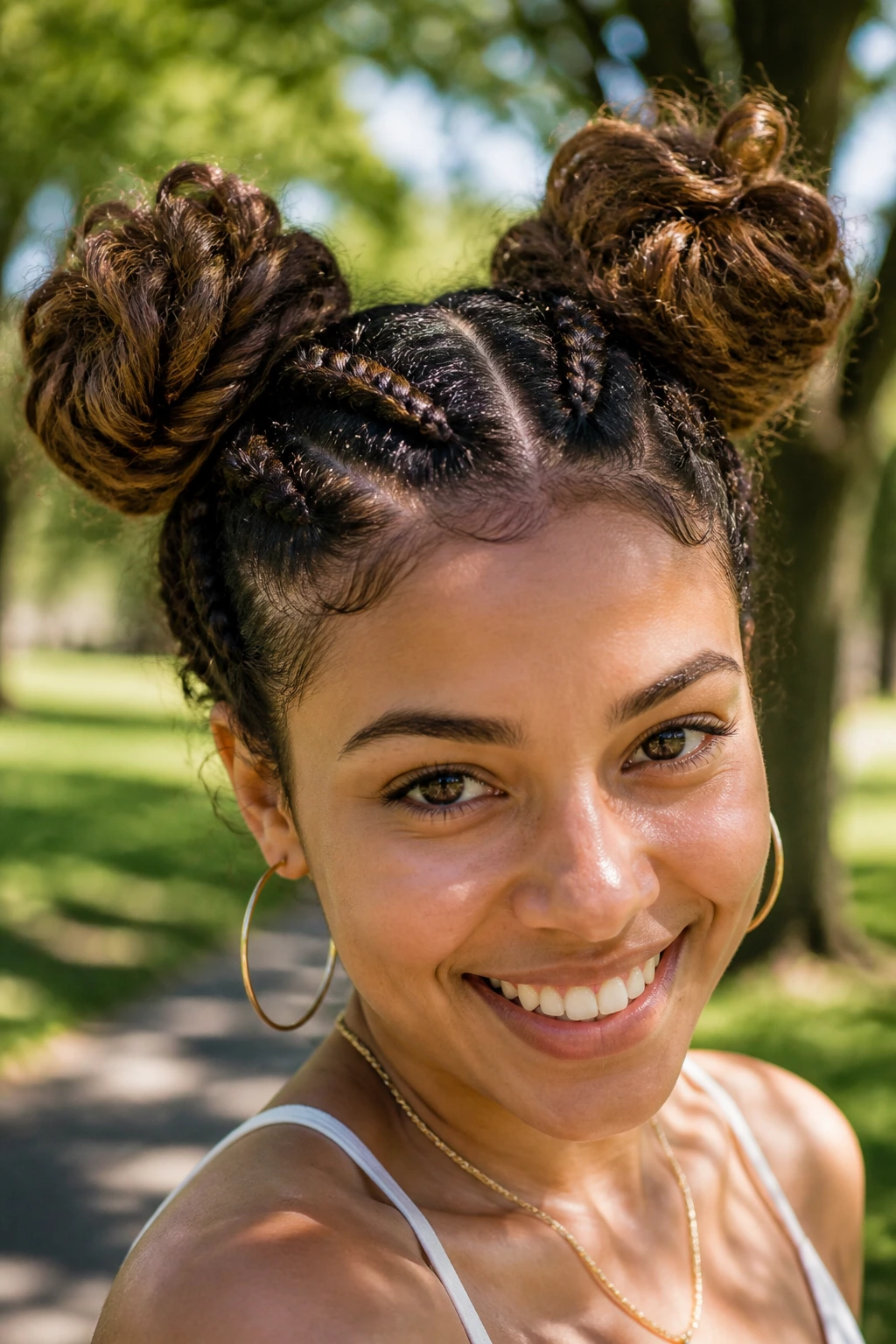 Close-up of a person with two braided space buns on curly hair.