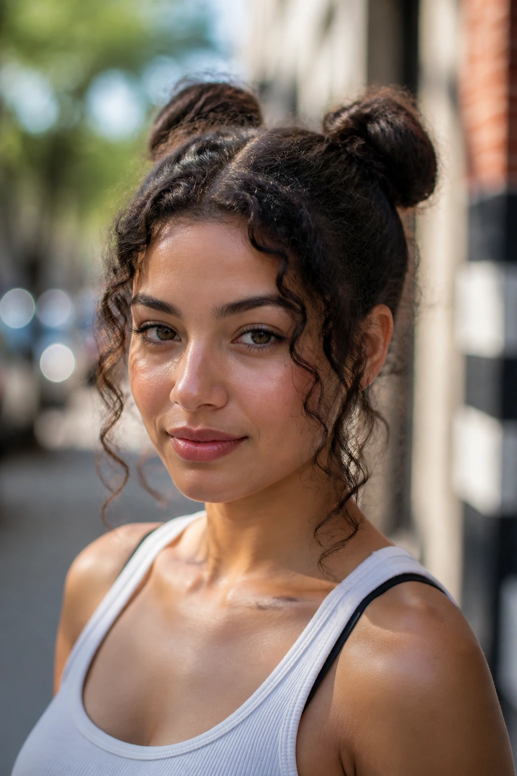 Real woman wearing space buns with face-framing curls