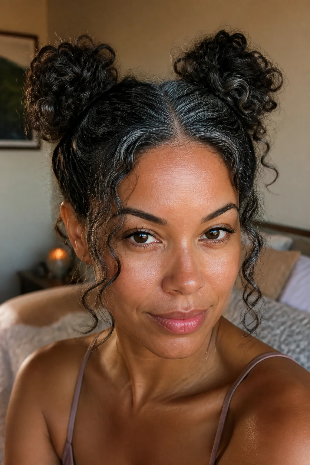 Close-up portrait of a real woman wearing space buns with curly ends in a cozy bedroom