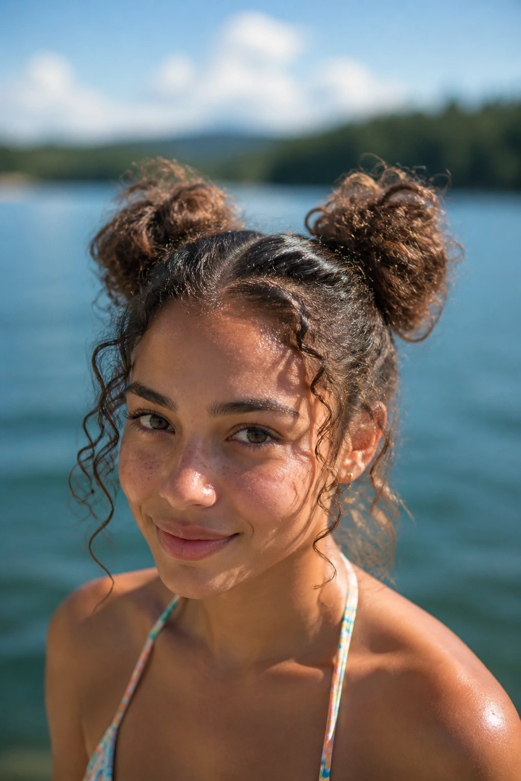Real woman with space buns and loose curls by the lake
