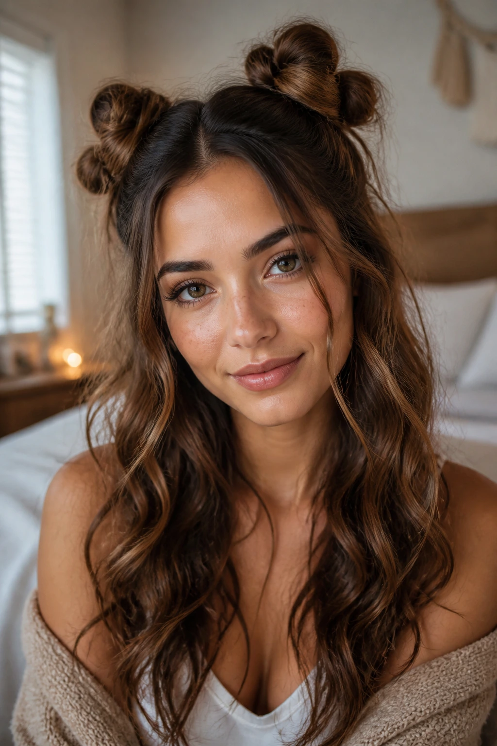 Close-up of a woman with two small space buns and loose curls in warm natural light