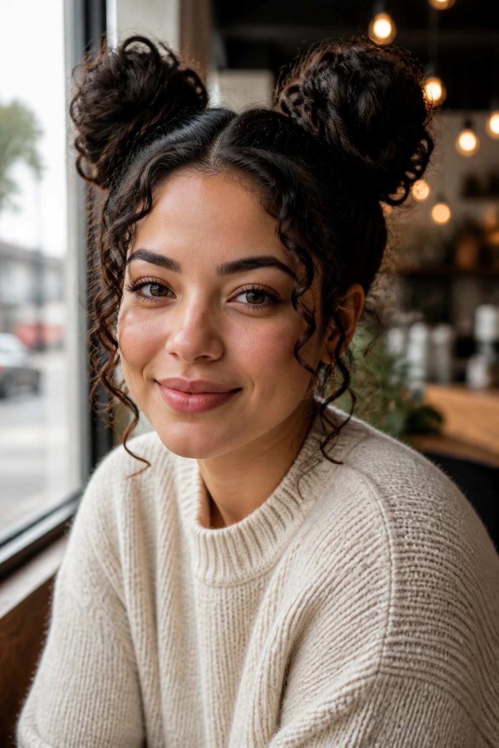 Close-up portrait of a woman with space buns and loose curls at a cafe window
