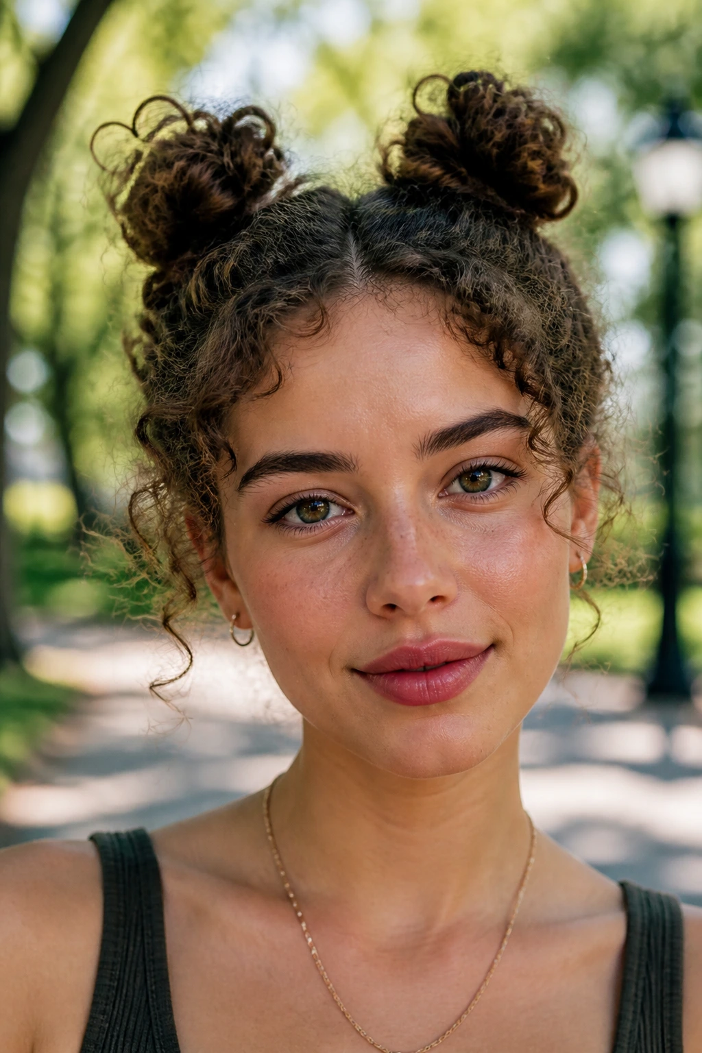 Close-up of two small space buns on a real woman outdoors