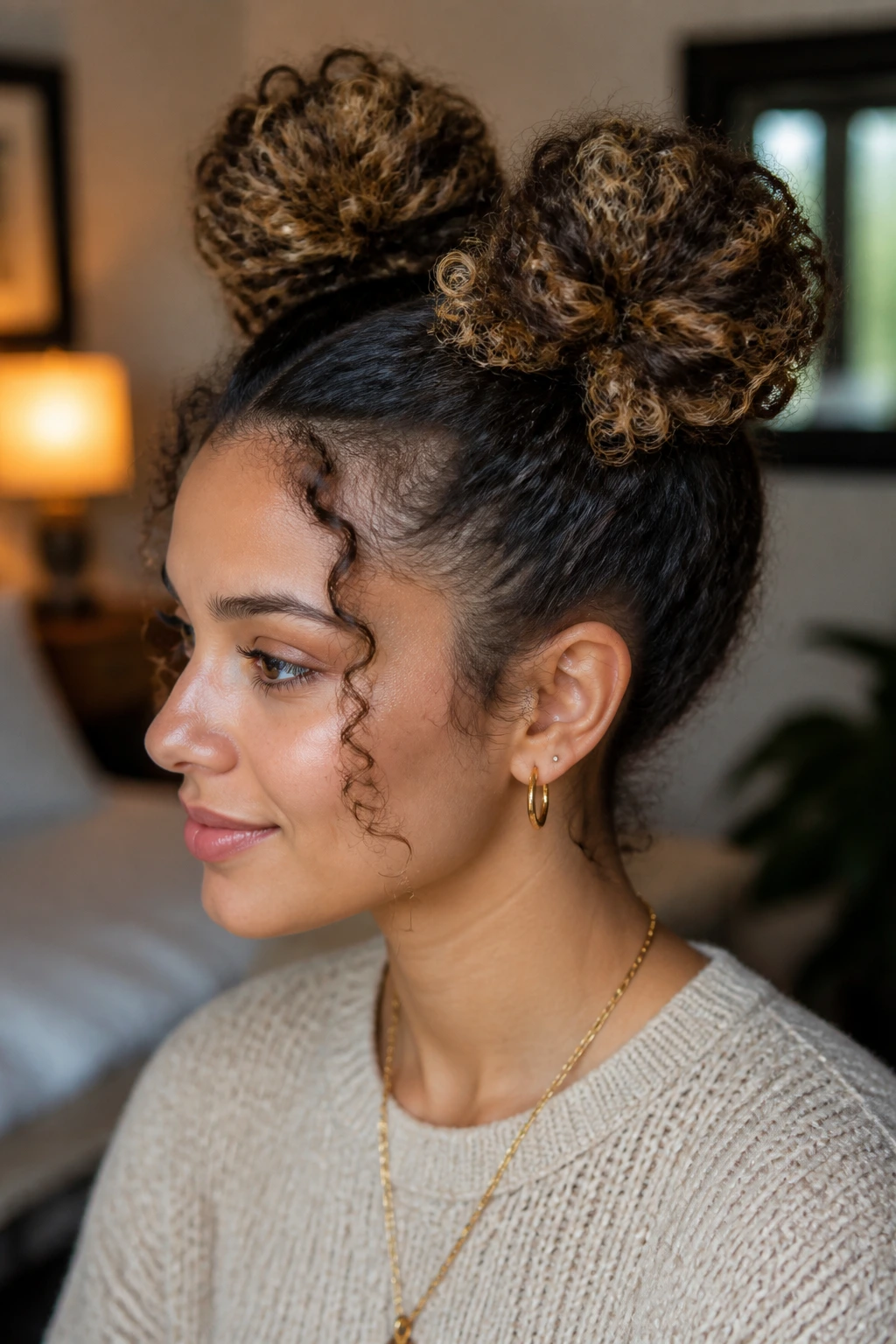 Close-up portrait of a real woman with two high space buns and visible lowlights.