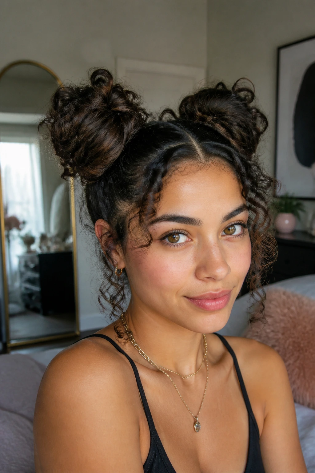 Real woman with space buns and curly ends in a cozy bedroom