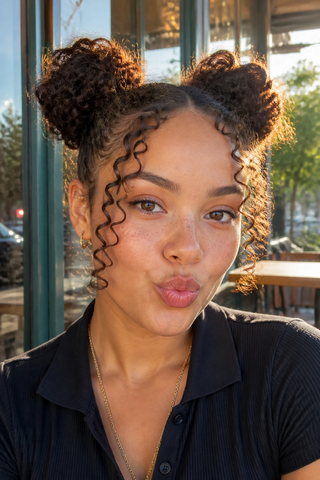 Close-up of real person with space buns and curly leave-out in daylight