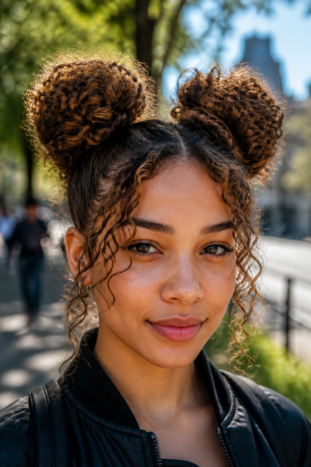 Portrait of a woman with space buns on curly hair outdoors in daylight.