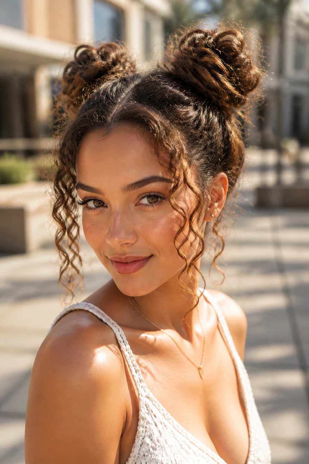 Woman with space buns and curly tendrils outdoors in daylight