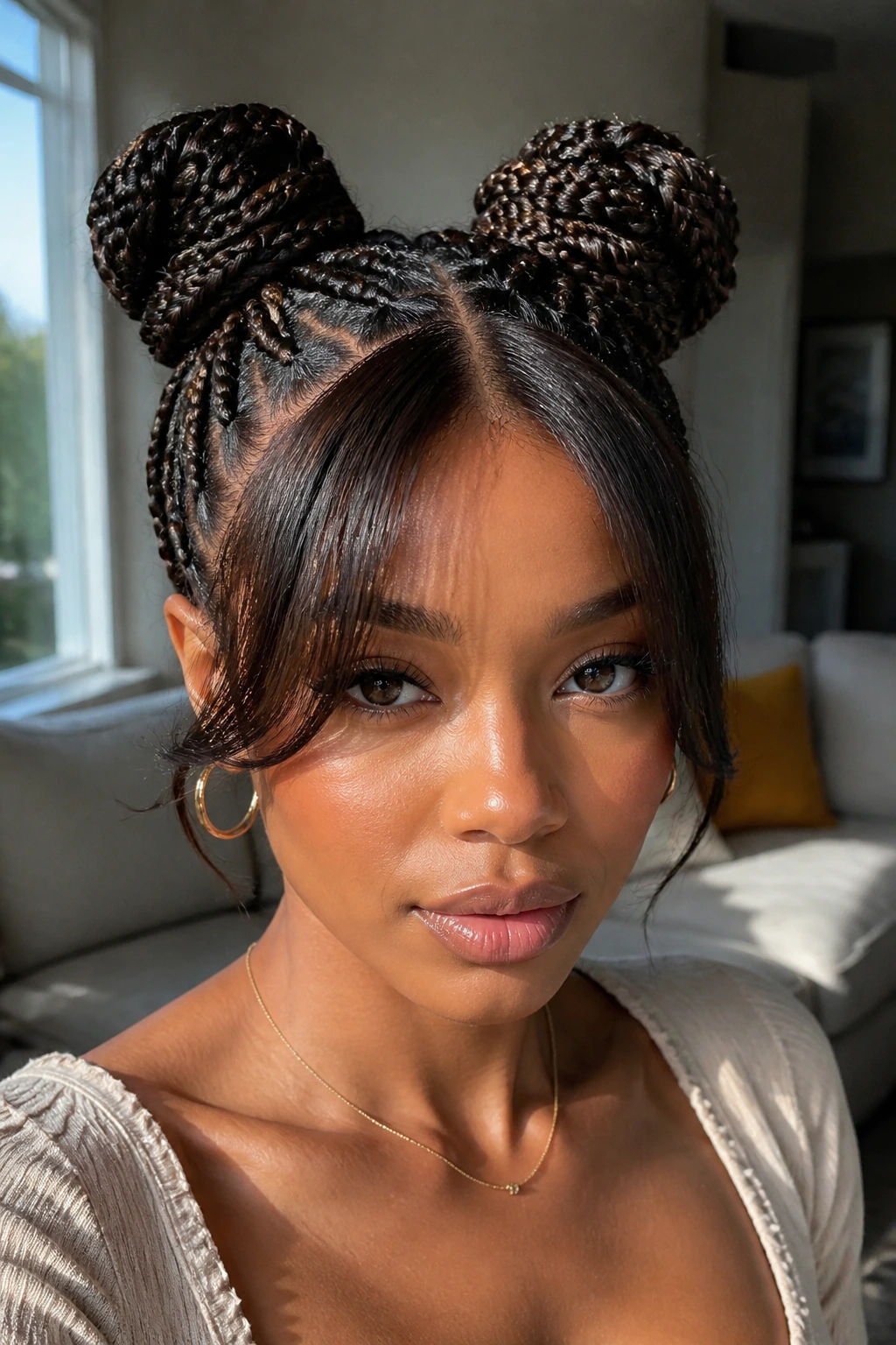 Close-up of a real woman with braided space buns and sleek curtain bangs