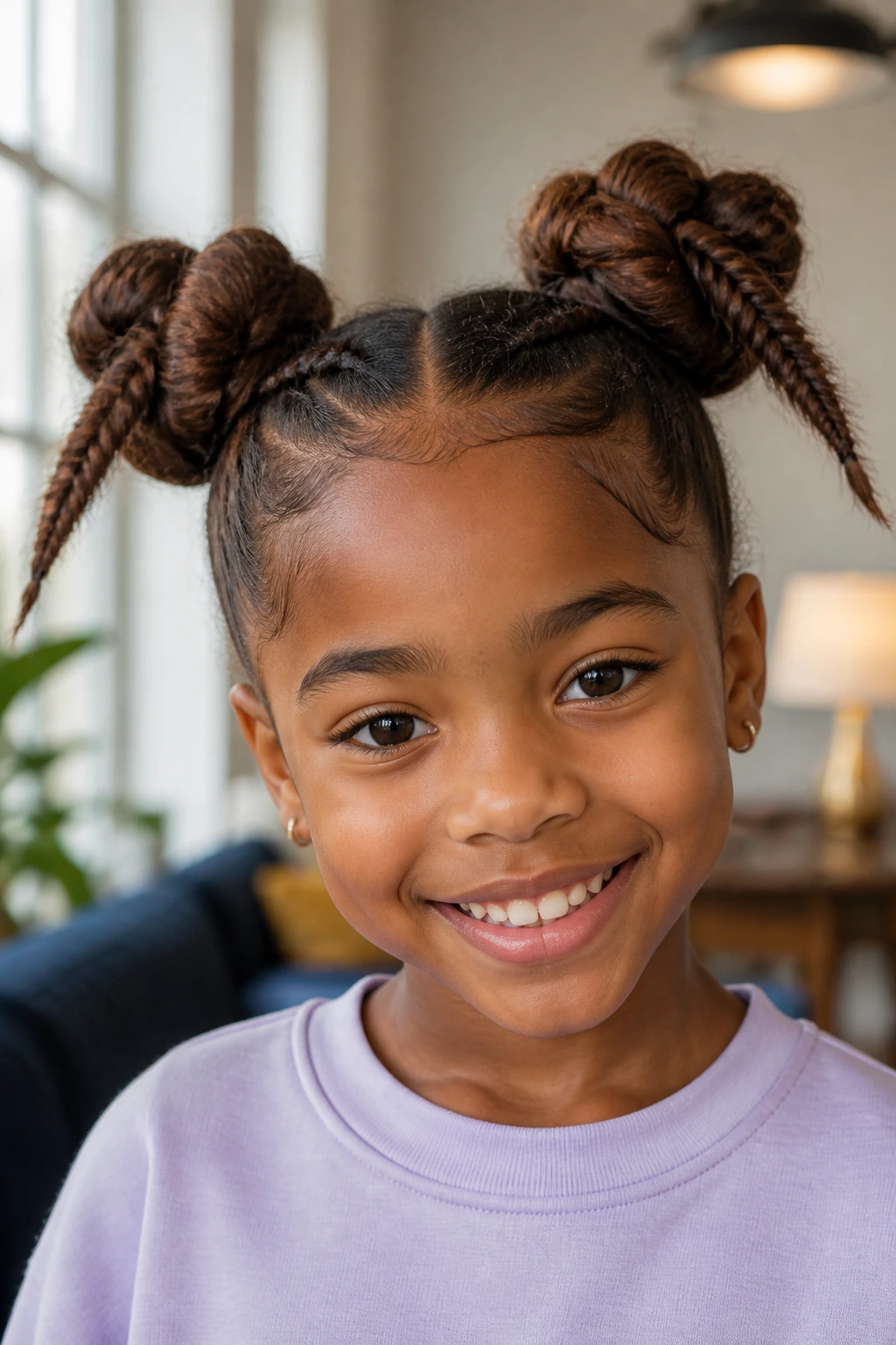 Close-up of two high space buns with fishtail ends on a real child