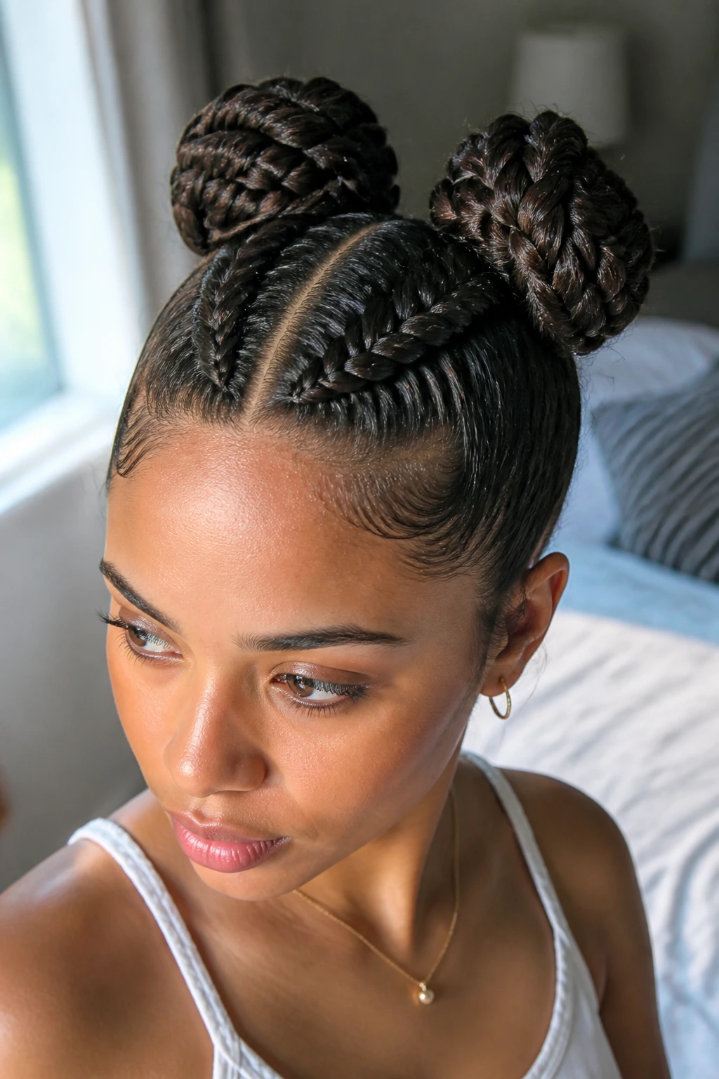 Portrait of a real woman with two French braid space buns.
