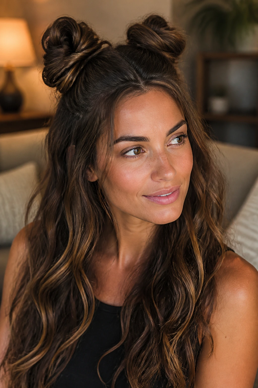 Real woman with half-up space buns and beachy waves.