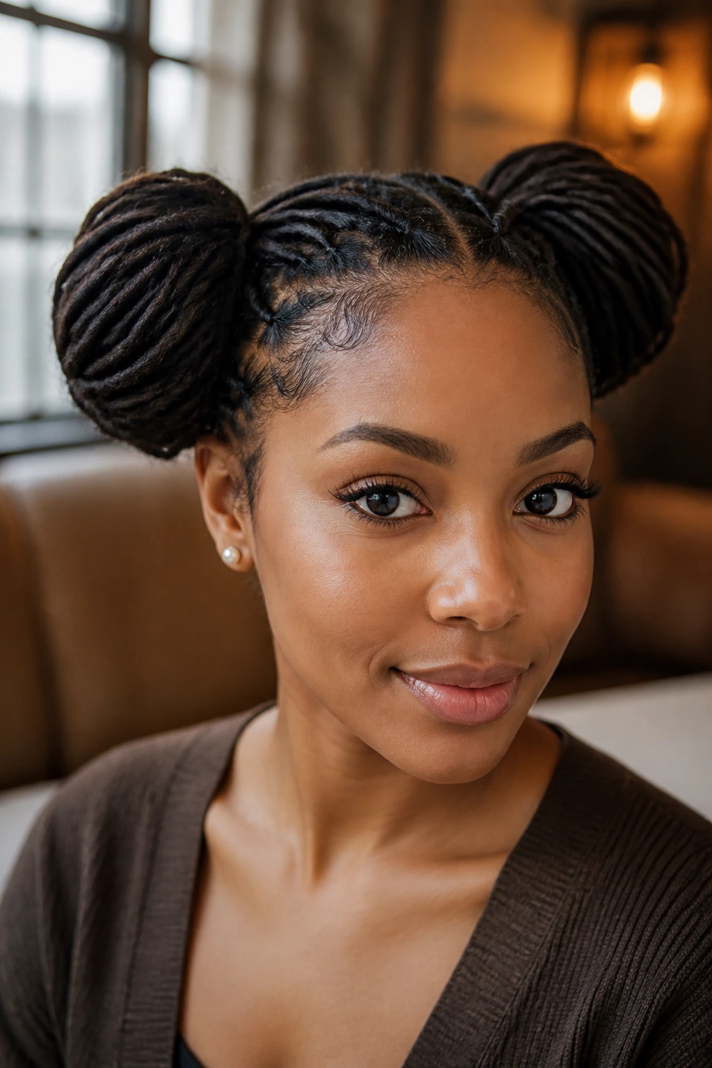 Close-up of two low, wide space buns on a real person's head with dense locs.
