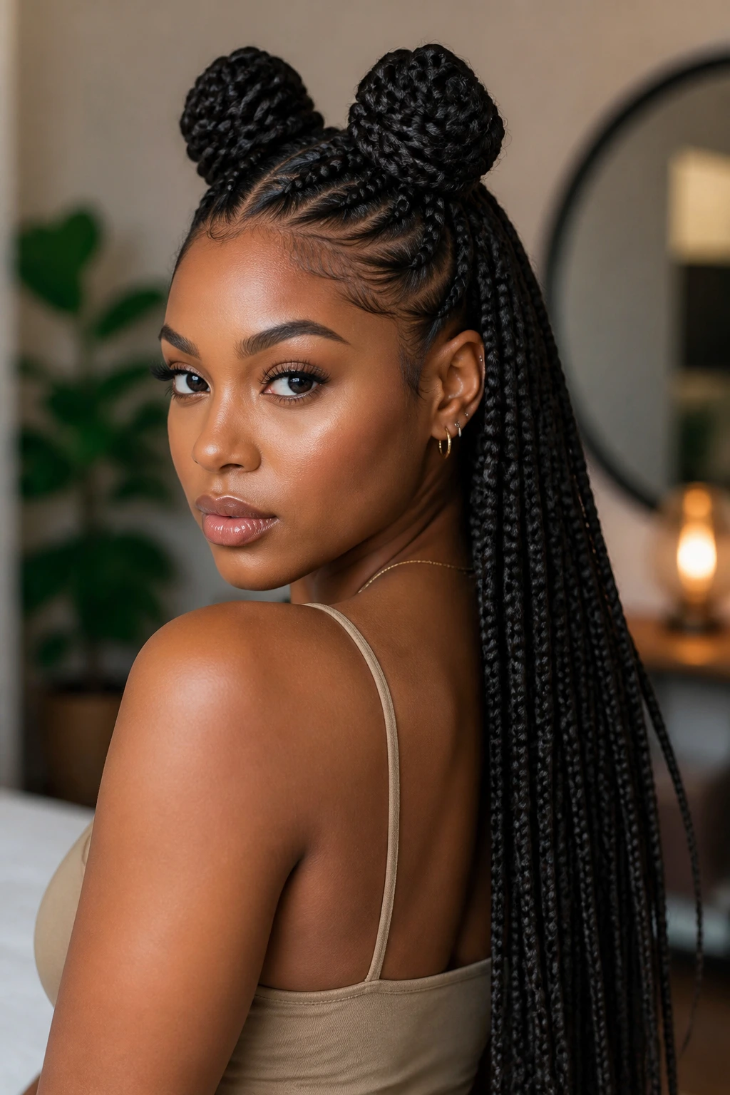 Close-up portrait of a real woman with braided space buns and long back-length braids