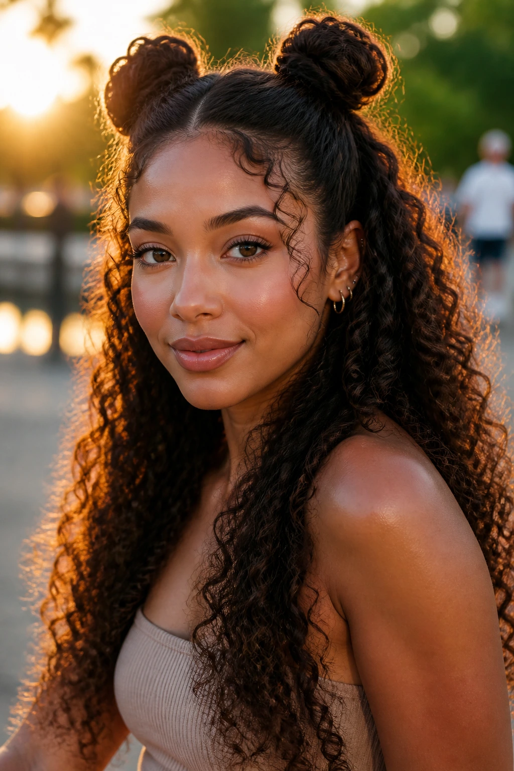 Close-up of a woman with half-up space buns on long curls