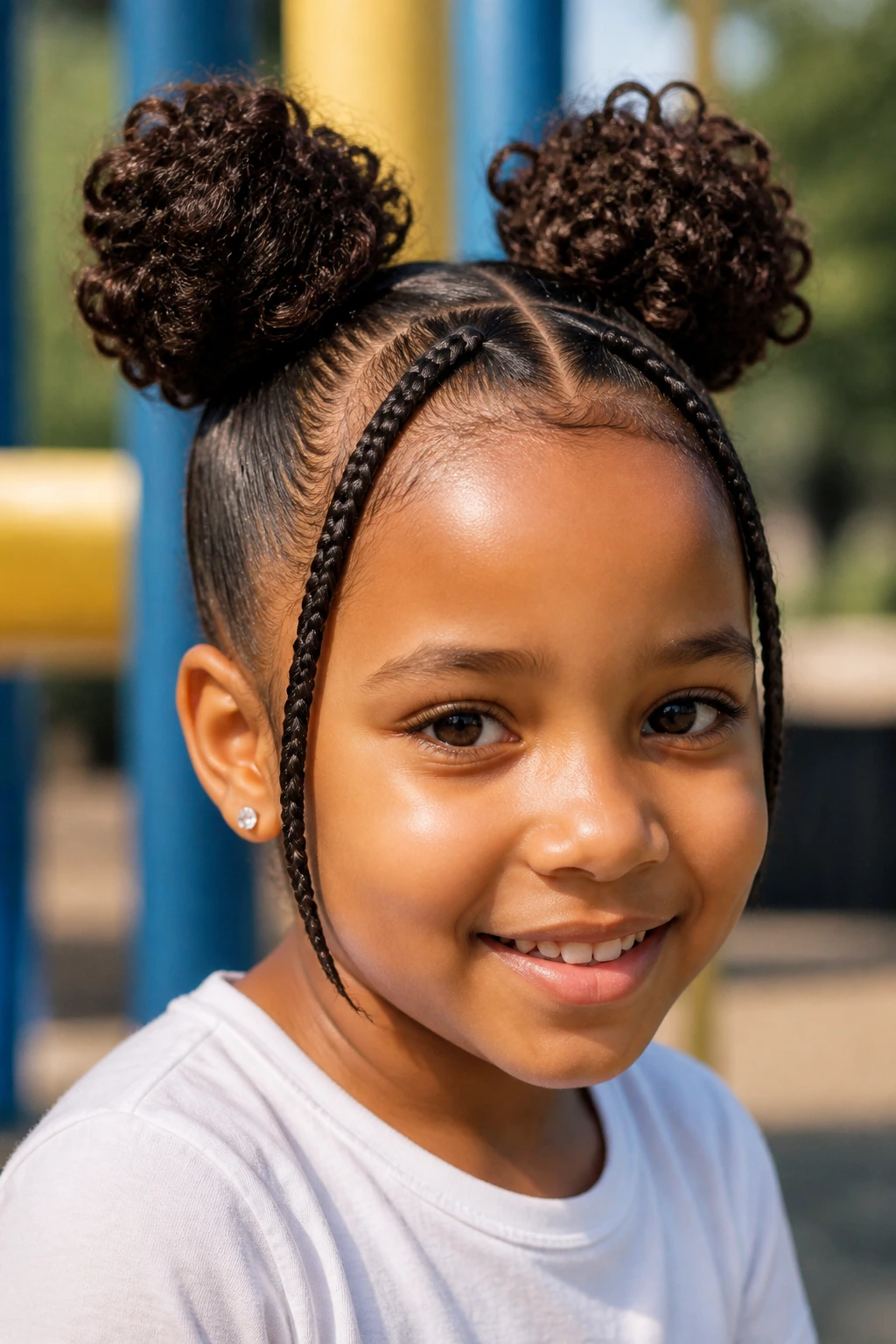 Close-up of a child with space buns and front mini braids outdoors.