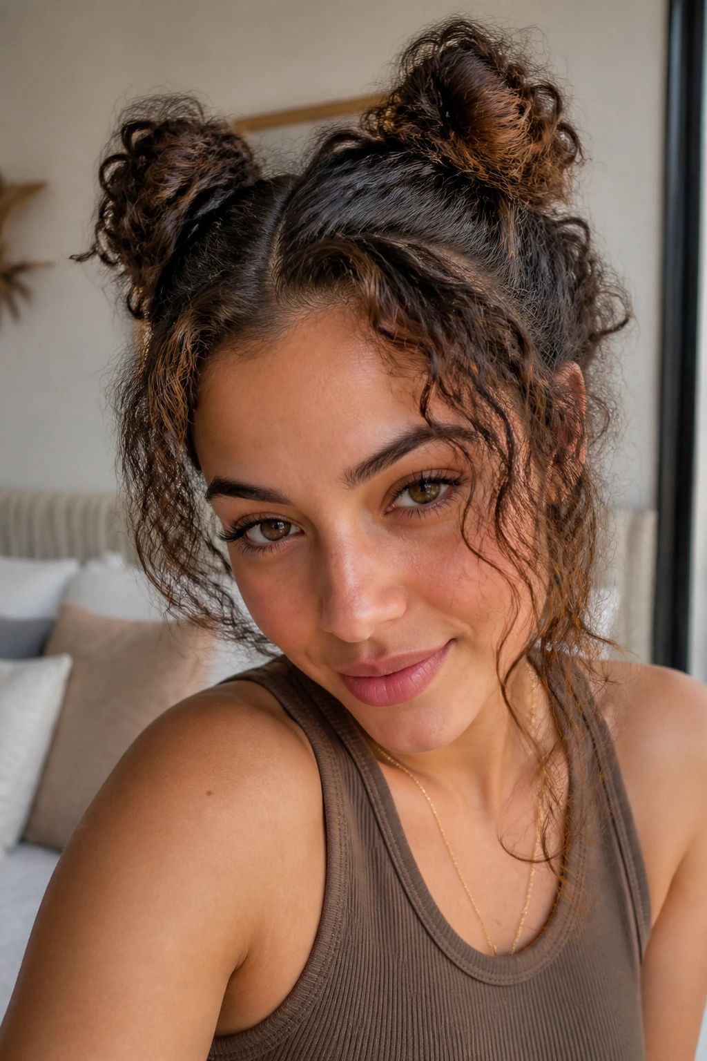 Close-up of a real woman with two mini space buns and visible lowlights.