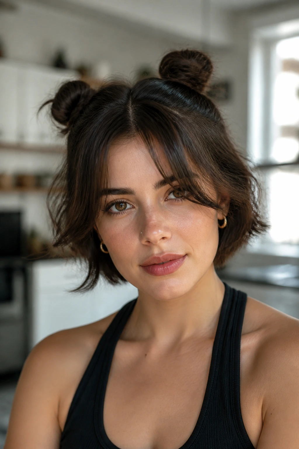 Close-up of a real woman with space buns on short hair and curtain bangs.