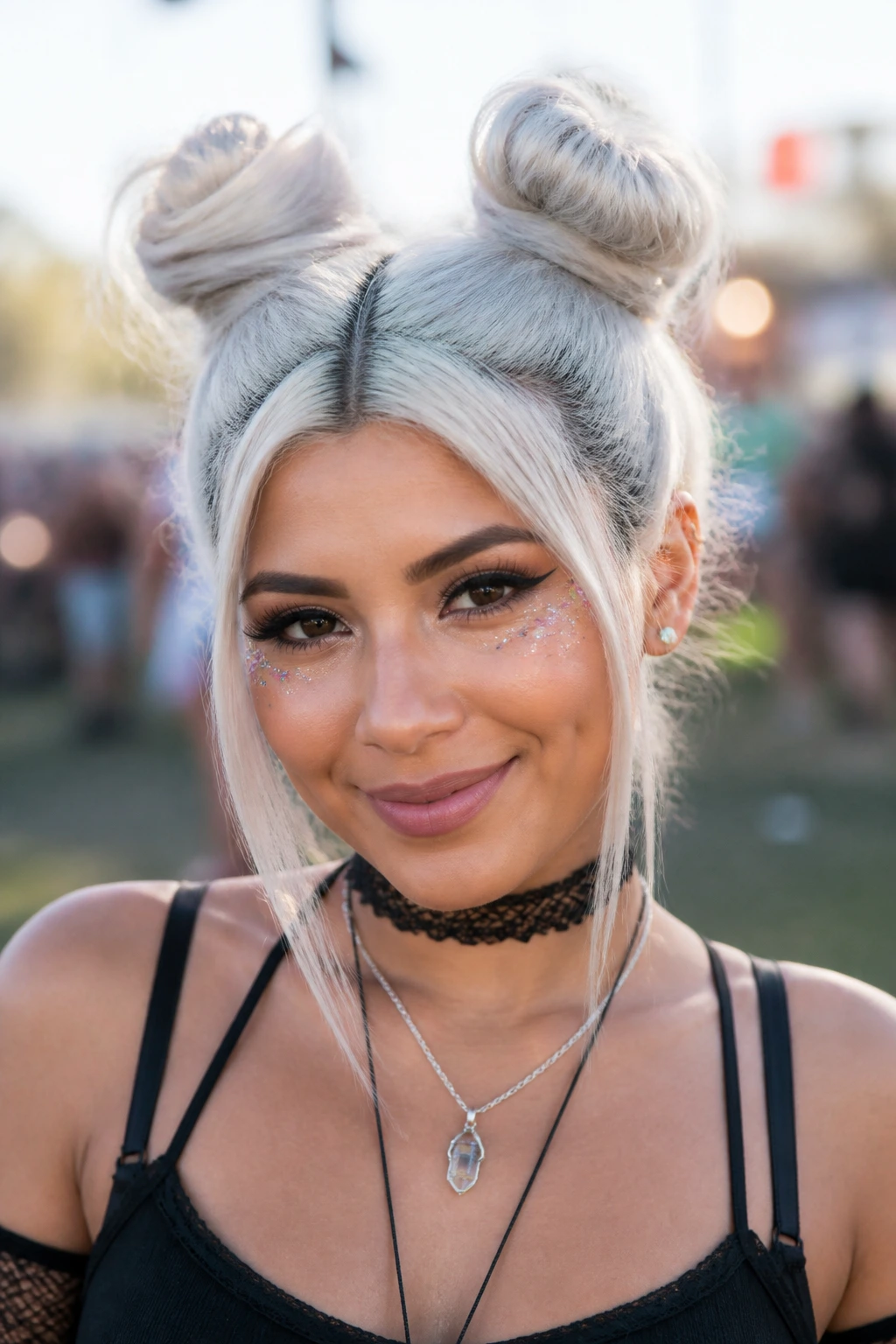 Portrait of a person with space buns on white-silver hair outdoors