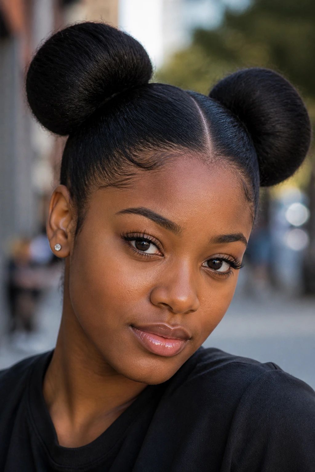 Real woman with space buns on stretched thick hair