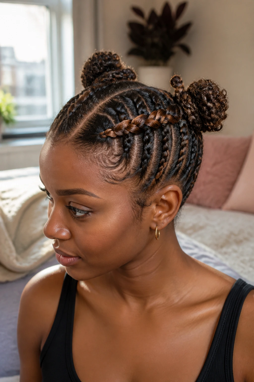 Three-quarter view of space buns with twin Dutch braids on short natural hair
