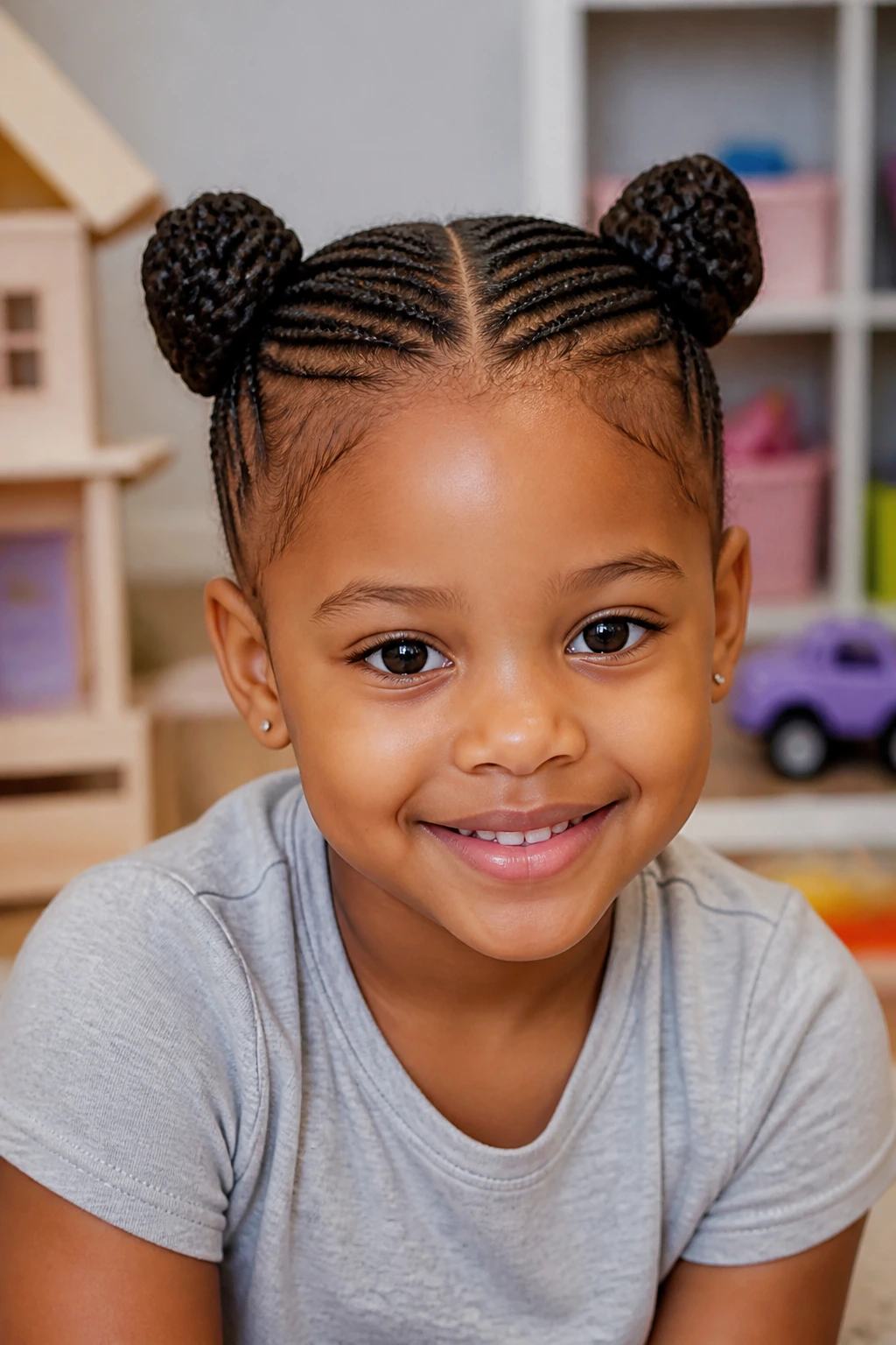 Close-up of a real child with two symmetrical mini space buns